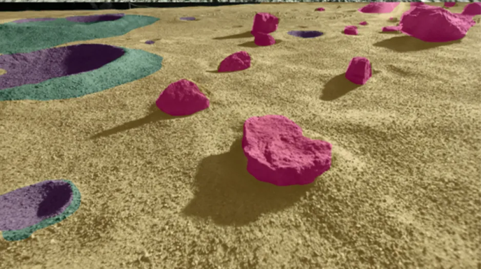 Gravel terrain in beige with boulders identified in pink, craters in purple, and crater rims in turquoise.