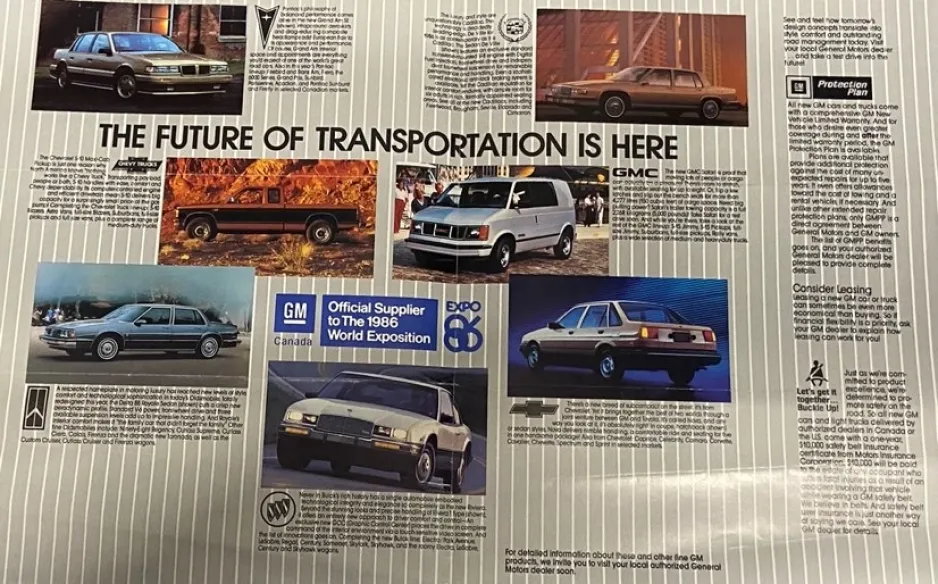 Une page du dépliant de GM Canada pour l’expo de 1986.