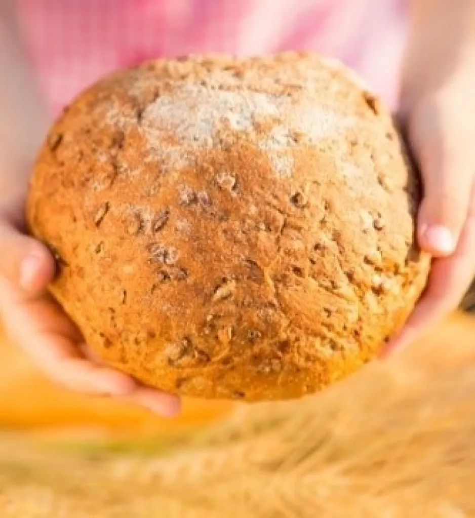 Une miche ronde de pain complet, tenue dans les mains d'un enfant.