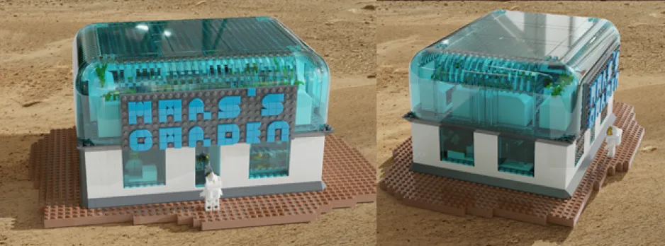 Une image générée par ordinateur présente une création en LEGO. Sur une affiche placée devant une structure bleue et blanche, on peut lire « Mars’s Garden » (Jardin de Mars). La création semble reposer sur la surface de Mars. 
