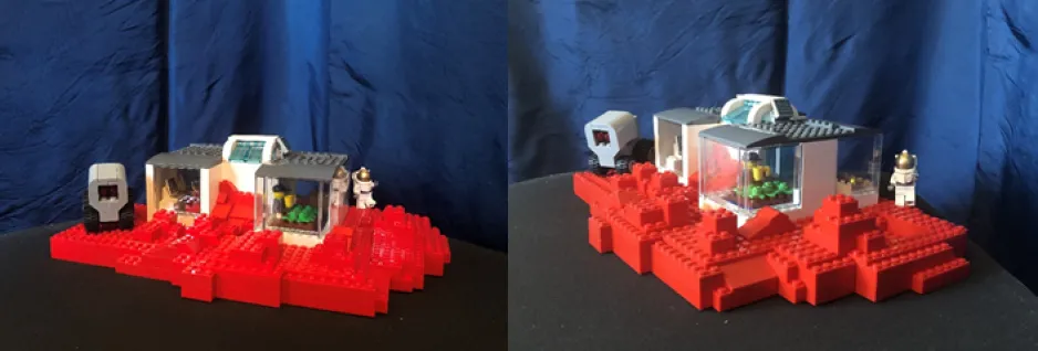 A spliced two-part image depicts an elaborate LEGO creation, pictured from two different angles. The creation has a red base, with a white and black structure in the middle of it. It is photographed against a dark blue curtain.