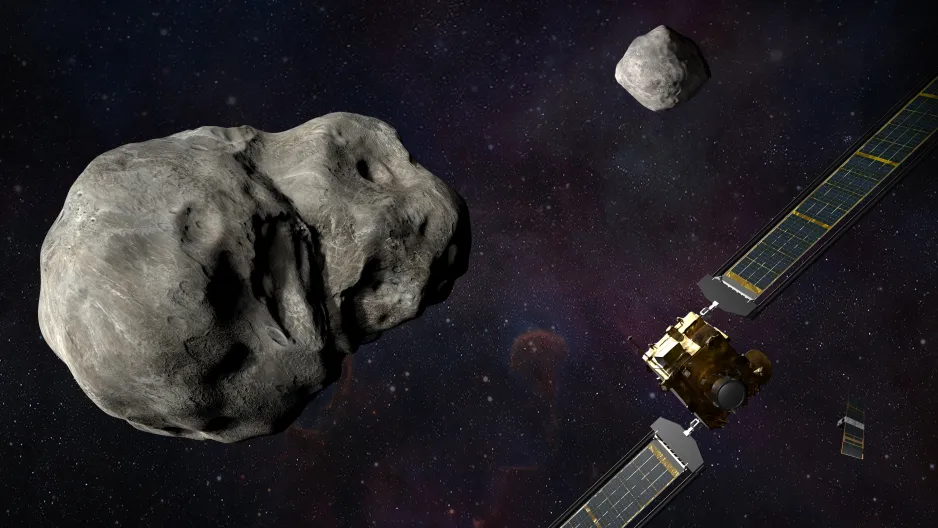 An artist’s illustration of two asteroids, with a larger one in the foreground. Two spacecraft, each with long solar panels attached on either side, are approaching the asteroids. 