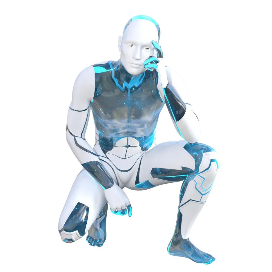 Human-looking robot kneeling on right knee with left arm supporting head. 