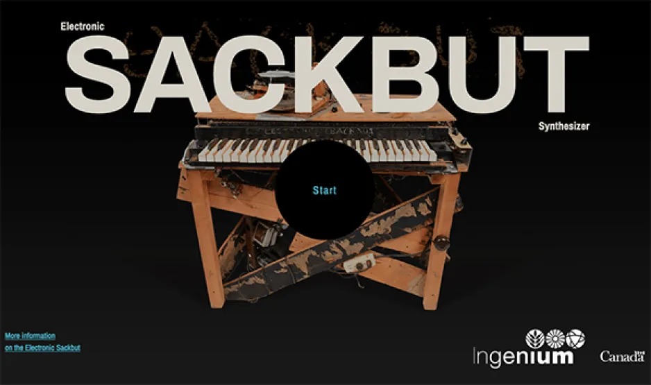 Start screen for the virtual instrument that includes a front-facing view of the of the Electronic Sackbut synthesizer including its wooden support structure, keyboard, and surface controls.