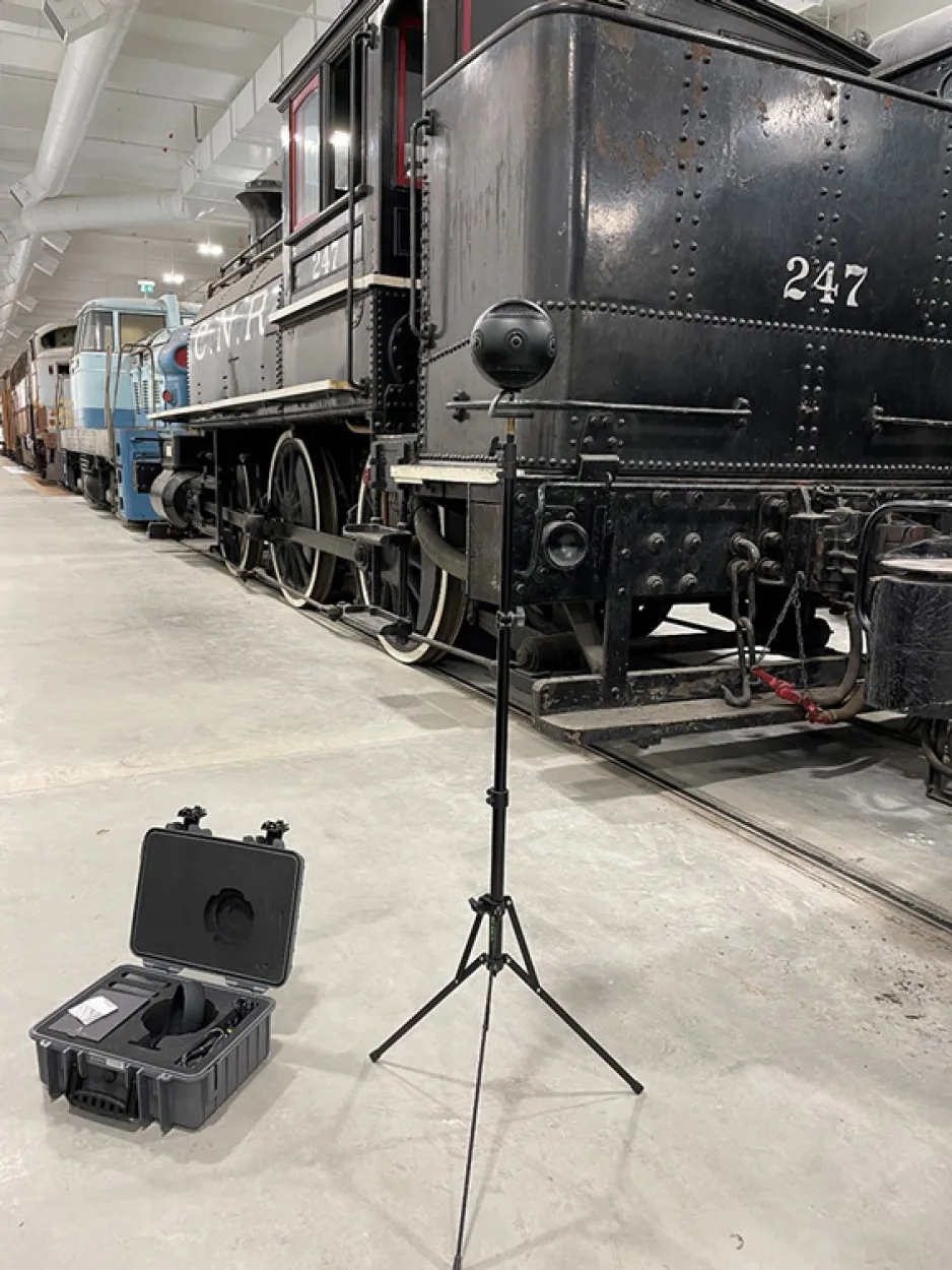 A spherical camera supported by a tripod.