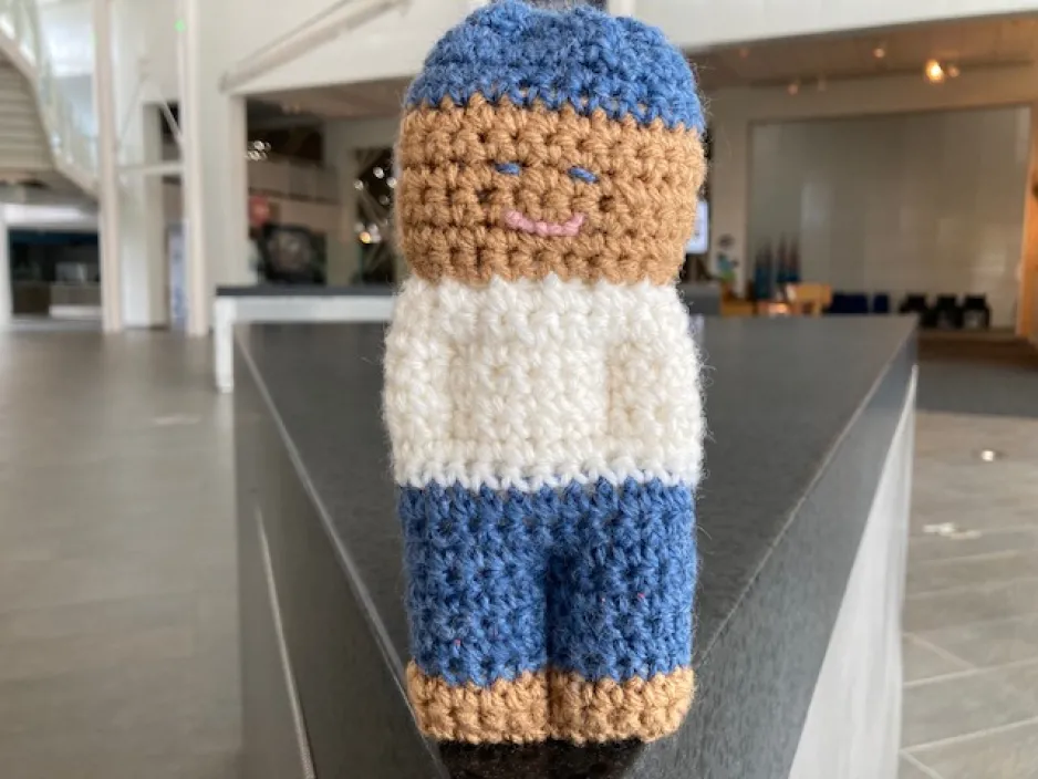A crocheted stuffed doll in the lobby of the Canada Aviation and space Museum