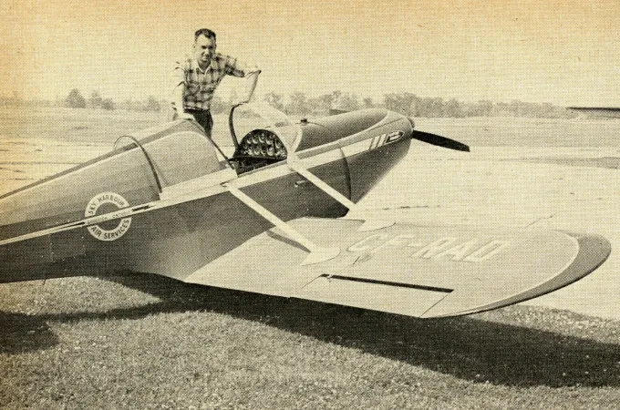 Keith S. Hopkinson with his Stits SA-3 Playboy, an aircraft now owned by the Canada Aviation and Space Museum. Ray Blair, « New boom for home-builts. » Canadian Aviation, September 1957, 64.