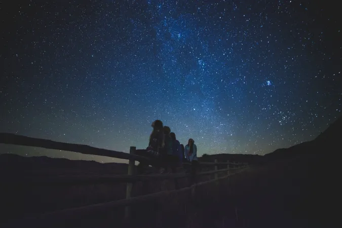 A group of people looking up at the night sky.