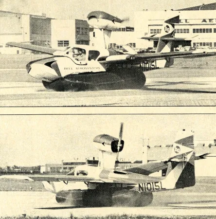 Le Lake LA-4 muni d’un train d’atterrissage à coussin d’air expérimental par Bell Aerospace Corporation, Niagara Falls, New York, 1967. Anon. “Bag down and inflated…” Air Progress, mars 1968, 47.