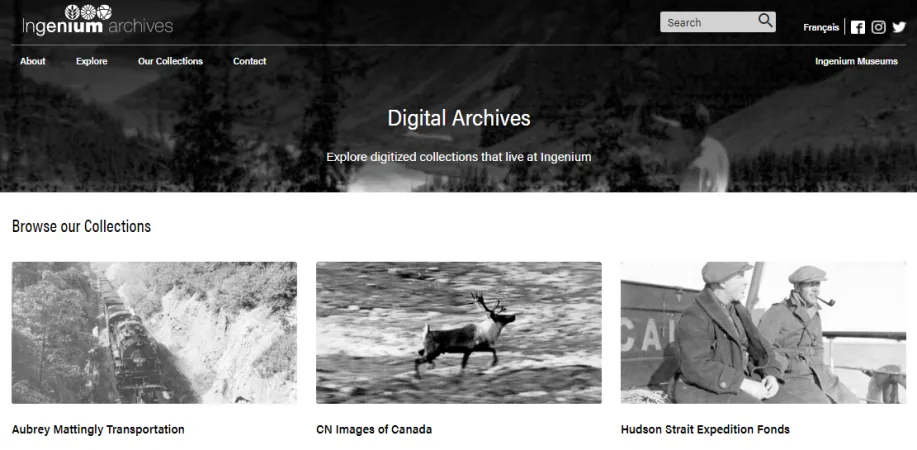 Screen capture of the Digital Archives welcome page. 