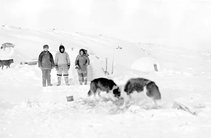 Black and white photograph of an Expedition member and two Inuits