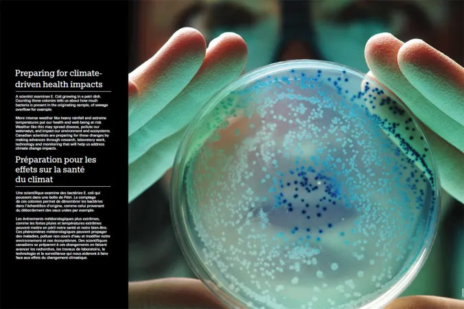 Two hands hold up a petri dish that has white and blue content. Two blurry eyes can be seen in the background. To the left of the image is a black strip with the title “Preparing for climate-drive health impacts” above some text.