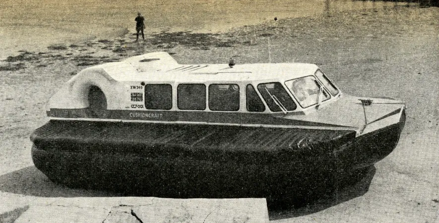 The prototype of the Cushioncraft CC7 light utility hovercraft, St. Helens, Isle of Wight, England, April 1968. John Bentley, “Latest Light Utility: Cushioncraft CC7.” Flight International (Air-Cushion Vehicles supplement), 23 May 1968, 61.