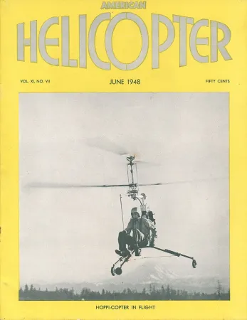 Un des trois Pentecost Hoppi-Copter de pré-production. Anon., « Hoppi-Copter in flight. » American Helicopter, juin 1948, couverture.