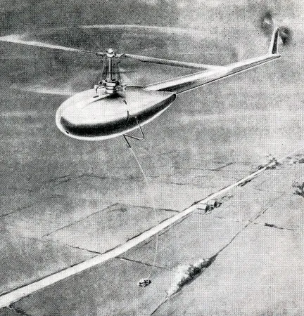 A Duncan & Bayley XP-2 Skyhook tethered unpiloted helicopter. Anon., “Rotary wing world – Captive helicopter for research work”. Aero Digest, August 1948, 70.