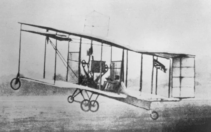 The British Army Aeroplane No. 1 in flight, Farnborough, England, October 1908. Its designer, Samuel Franklin Cody, was at the controls. Imperial War Museum, negative number RAE-O 995.