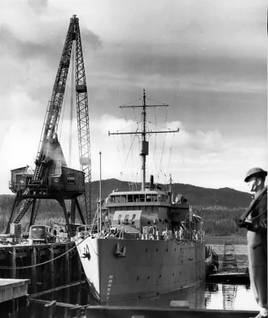 Newly constructed naval vessel at Prince Rupert Drydock, British Columbia