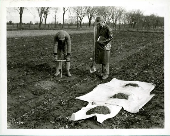 Two men stand in a dirt field; one bores into the soil while the other looks on. 