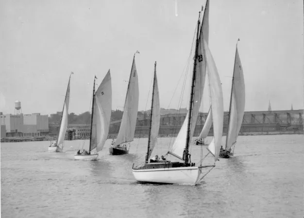 A group of sailboats race on the waters of Halifax Harbour
