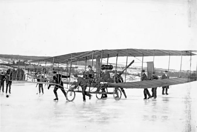 McCurdy and the Silver Dart on the historic day the aircraft first flew in Canada, February 23rd, 1909. (CASM-6735)