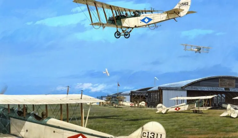 Avions Curtiss JN-4 (Can.) et JN-4a pendant la Première Guerre mondiale. Artiste: Robert W. Bradford. Date: vers 1966. Source: Ingenium 1967.0891