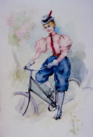 Woman wearing pants, riding safety bicycle