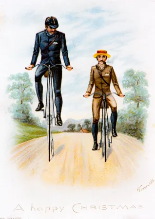 Postcard showing the difference between a high wheel Ordinary and a smaller, safer Ordinary.