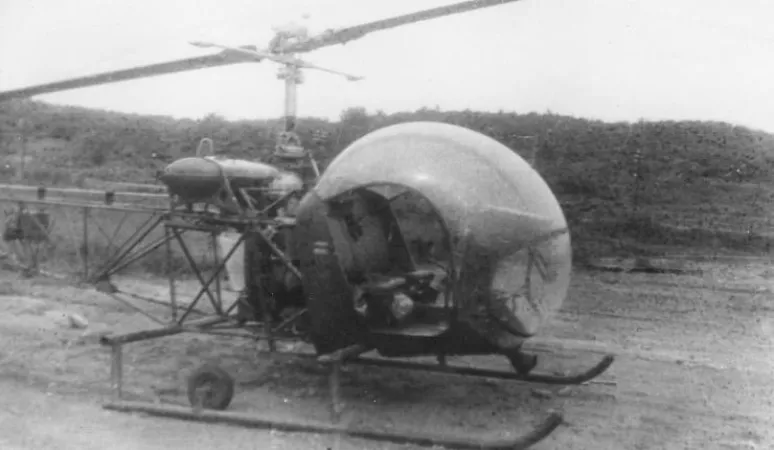 Carl’s suggestions of a bubble window cockpit and landing skids became standard features on later models of the fragile, low-powered Bell 47. Kelowna Public Archives 9184