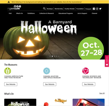 Screenshot of redesigned Ingenium website showing large photo slider, the three museums, and a information bar at the top of the page indicating that the website is under maintenance 