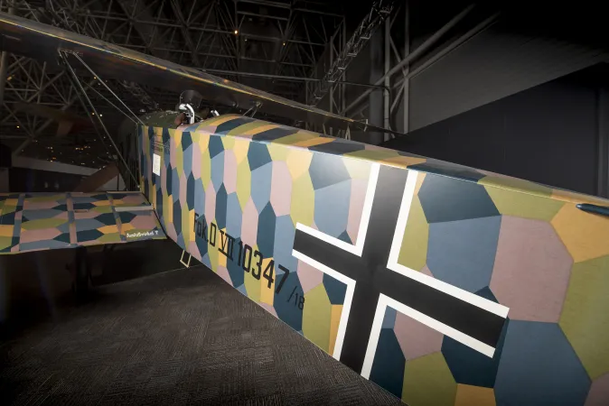 A close-up view of the Fokker D.VII, now on the floor at the Canada Aviation and Space Museum.