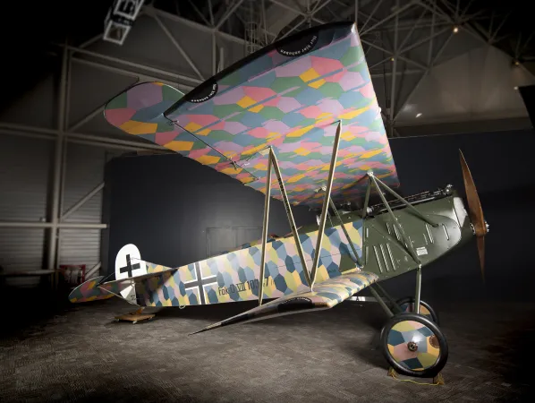 The Fokker D.VII had two different colour patterns for its lozenge camouflage. The bottom of the top wing has a more vibrant colour pattern.