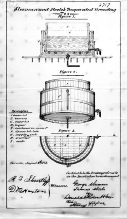 Cuve de fermentation à régulation de température de Sleeman et Steele, 1874 (Numéro de brevet 2717). Source : Bibliothèque et Archives Canada/e003245291