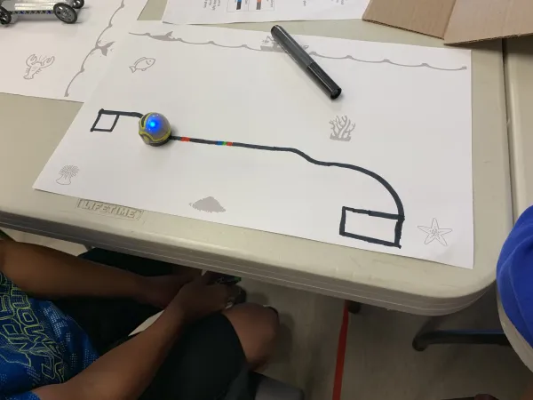 Using given color codes (and other combinations they discover and experiment with!), the camper/explorers program their Ozobots to accomplish tasks.