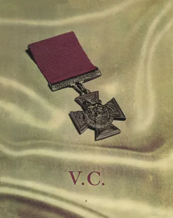 This photo shows the cover of a booklet with Victoria Cross in the center on a background of white silk and the letter V C in red at the bottom.
