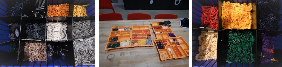Photos showing trays and bins of K’NEX pieces organized by type