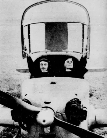 Sisters Maria Cleofas and Maria Innocenza of the Franciscan Sisters of St. Aloysius Gonzaga aboard an AVIA / Lombardi FL.3 light / private airplane during their flight training, Turin, Italy. Anon., “Le ciel leur appartient.” Le Soleil / Perspectives, 20 February 1960, 12.
