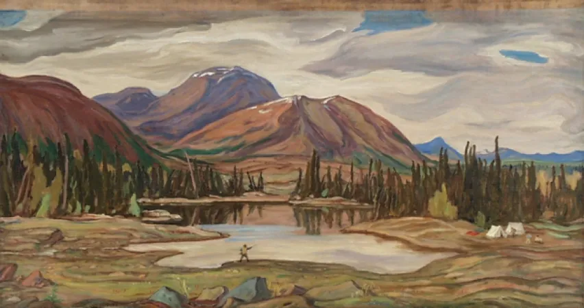 A painting depicts a lake, with trees and mountains in the background.