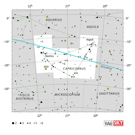 A star field with the boundaries of the constellation Capricornus