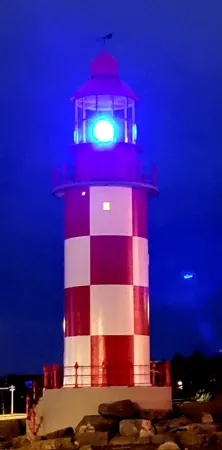 Blue light shinning from the Lighthouse at the Canada Science and Technology