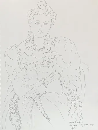 A line drawing of a girl in a frilly dress. 