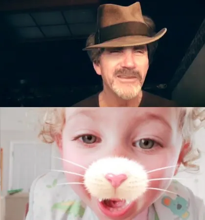 Capture d'écran fractionnée d'un chat vidéo Facebook Messenger montrant un homme de 60 ans avec un chapeau numérique et une jeune fillette avec un nez de chat numérique avec moustaches.