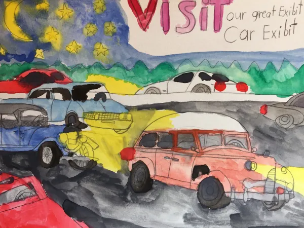 A colourful painting of cars; a dark night’s sky with the moon and stars are in the background. The words, “Visit our great exhibit: Car exhibit” are visible at the top.