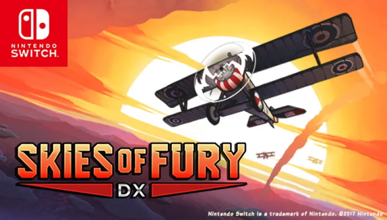 Illustration of a biplane, the Nintendo Switch™ logo and text over image: Skies of Fury DX