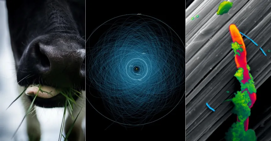 A close up of a cow nose, a diagram of orbits within our solar system, and an electron microscope image of a bacteria