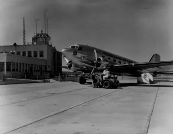 The first Douglas DC-3 airliner delivered to Trans-Canada Air Lines, Montreal (Dorval) Airport, Dorval, Québec, circa 1945-48. CASM, negative number 25515