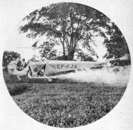 Le Bell Modèle 47 utilisé par Airspray Limited, Ontario. Anon., “Helicopter – Down on the Farm.” Canadian Aviation, septembre 1947, 25.