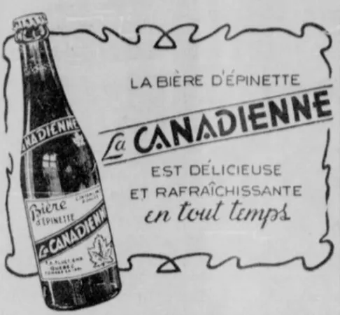 Publicité pour le moins sobre pour la bière d’épinette La Canadienne de F.A. Fluet Enregistré. Anon., « Publicité – F.A. Fluet Enregistré. » L’Action catholique, 4 janvier 1951, 5.