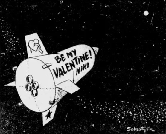 Un dessin éditorial mettant en lumière le lancement de la sonde planétaire soviétique Venera 1 en février 1961. Edmund Alexander Sebestyen, « To Venus With Love. » Saskatoon Star-Phoenix, 14 février 1961, 4.