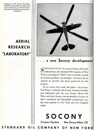 The Pitcairn PCA-2 autogiro of the Canada Aviation and Space Museum when it was owned by Standard Oil Company of New York. Anon., “Advertisement – Standard Oil Company of New York.” Aviation, May 1931, 22.