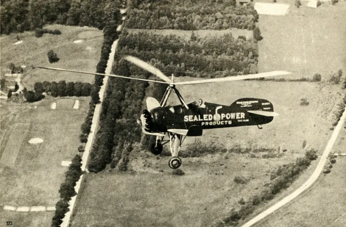 The Pitcairn PCA-2 autogiro of the Canada Aviation and Space Museum during its grand tour of the United States, when it was owned by Sealed Power Corporation. Anon. “Pohled na Ciervovu autogiro za letu.” Letectvi, November 1932, 310.